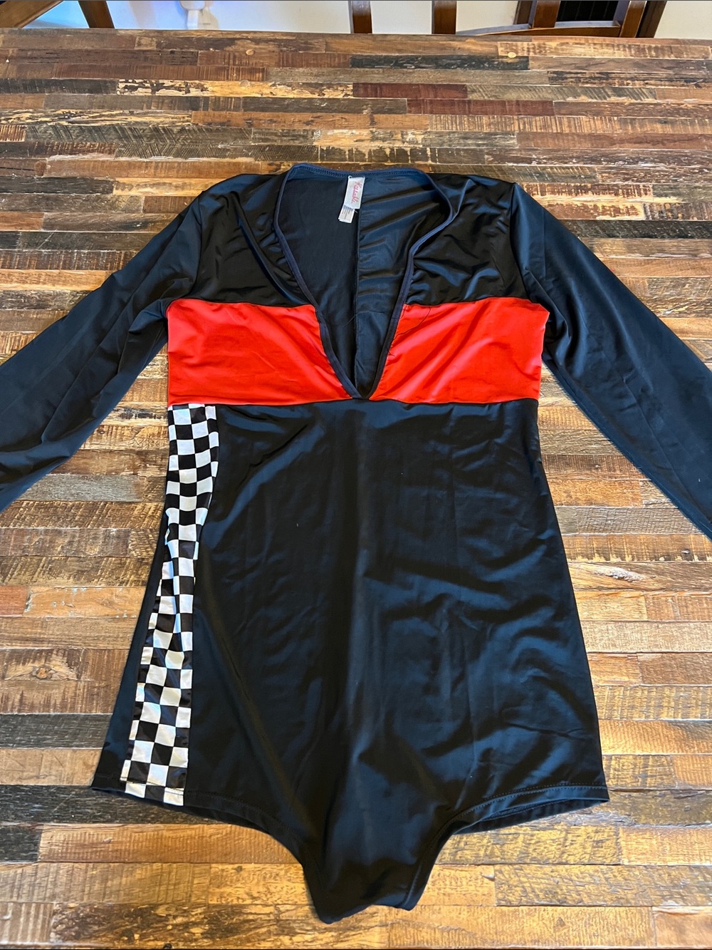 V-Neck Black and Red Long-Sleeve Romper with Checker Side Panel